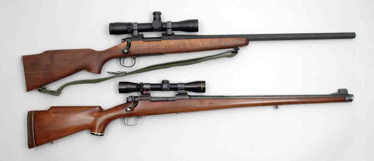 Two 7.62mm NATO/.308 Winchester rifles shot frequently with cast bullets including (top) a Remington reproduction of a USMC M40 Vietnam-era sniper rifle and a (bottom) Winchester Model 70 from 1952.